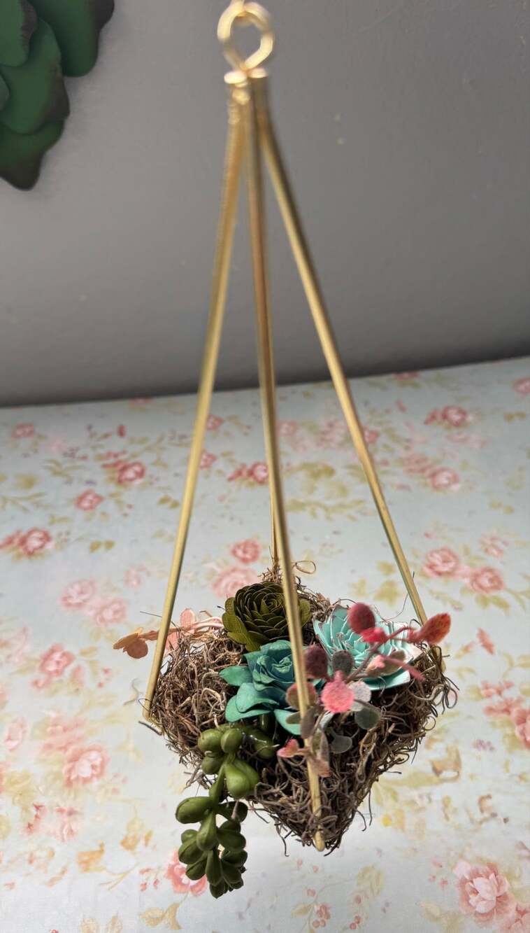 11” Hanging Gold Geometric Faux & Paper Succulent, Botanical Wall Decor